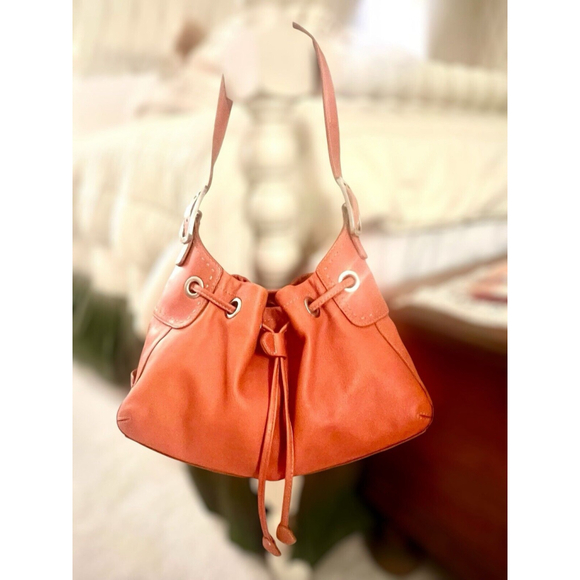 Cole Haan Orange Leather Drawstring Hobo Shoulder Bag Fall - Picture 2 of 8